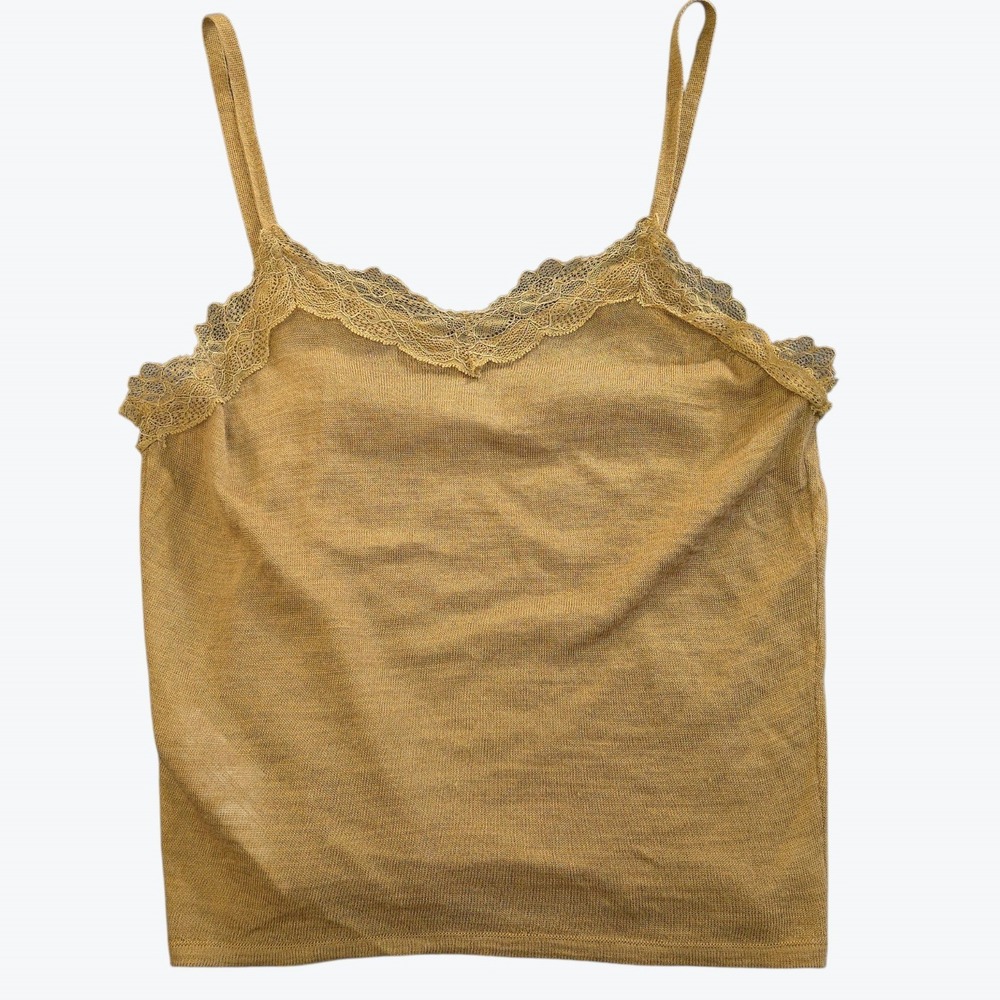 Mango MNG Coquette Lace Trim Knit Cami Top M Fairycore Wool Earth Mustard Yellow